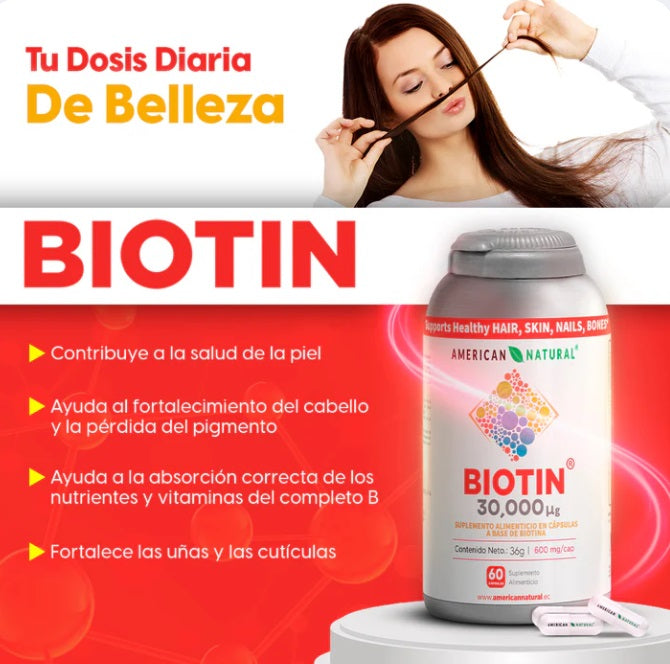 BIOTIN X 60 CÁPSULAS || SUPLEMENTO PARA PIEL, CABELLO, UÑAS, Y HUESOS