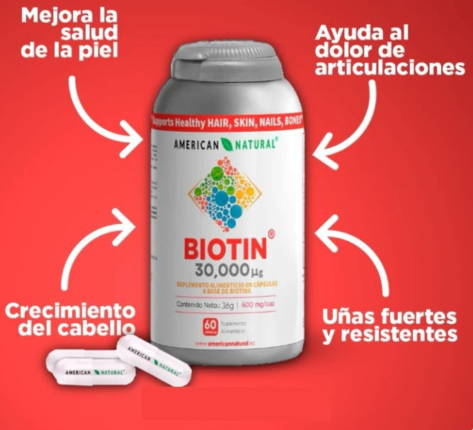 BIOTIN X 60 CÁPSULAS || SUPLEMENTO PARA PIEL, CABELLO, UÑAS, Y HUESOS