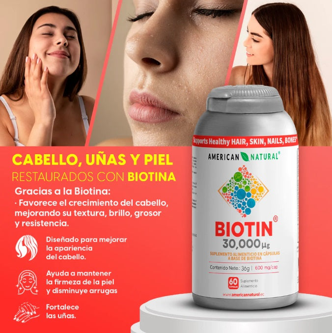 BIOTIN X 60 CÁPSULAS || SUPLEMENTO PARA PIEL, CABELLO, UÑAS, Y HUESOS