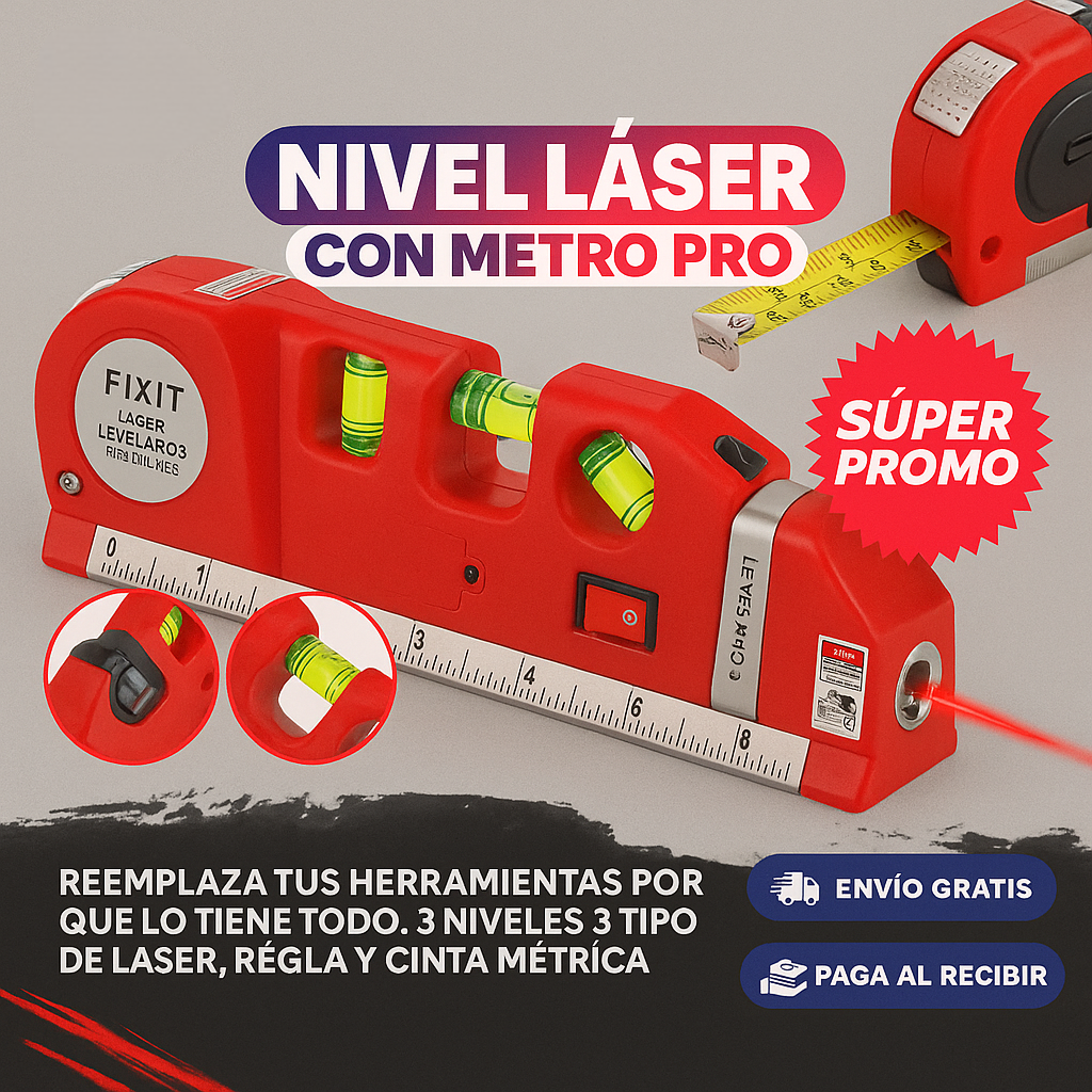 NIVEL LASER CON CINTA METRICA Y REGLA