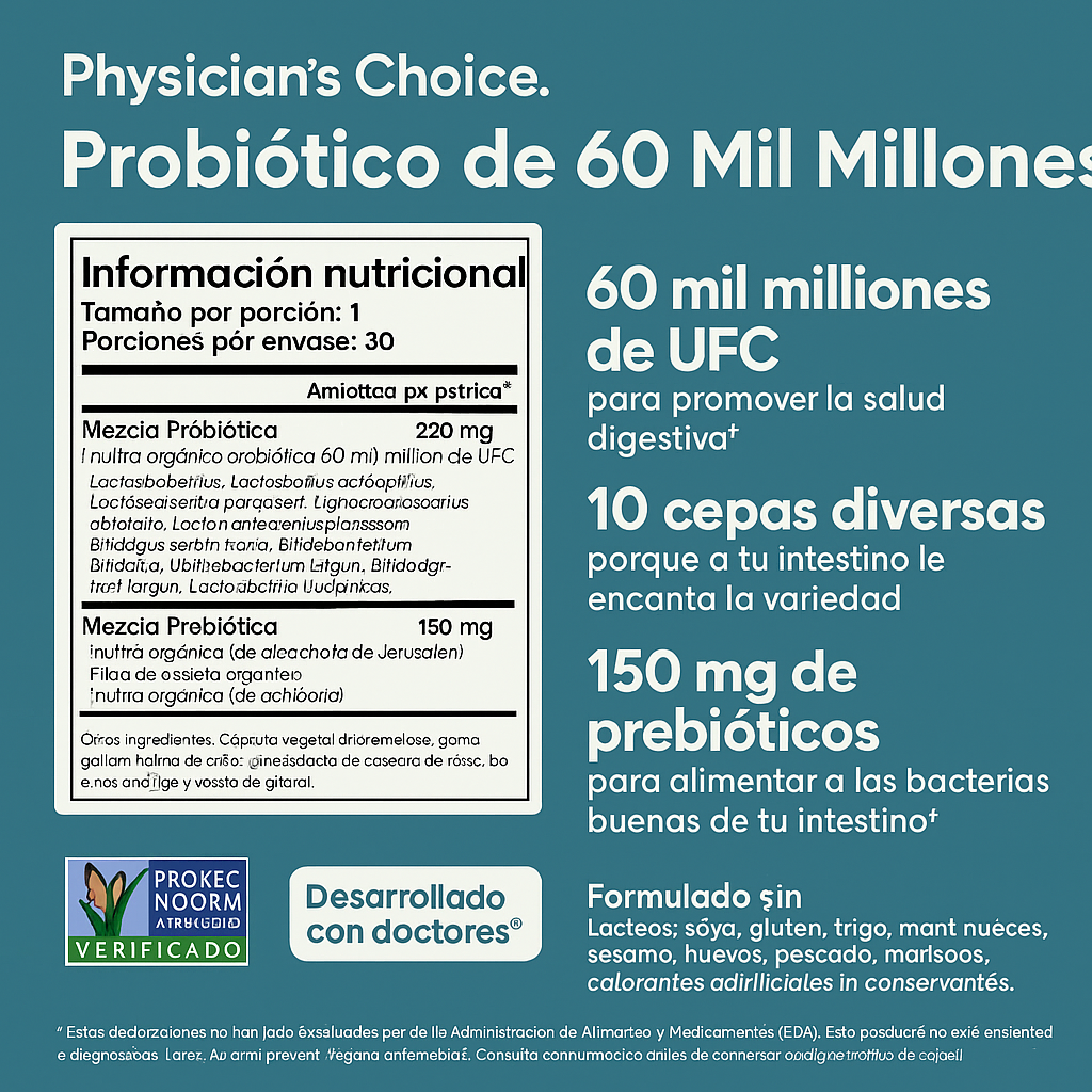 Combo Enzimas + Probióticos Physician's Choice || Salud intestinal avanzada: 60 Billion Probiotics (30 Capsulas) + Digestive Enzymes (60 Capsulas)