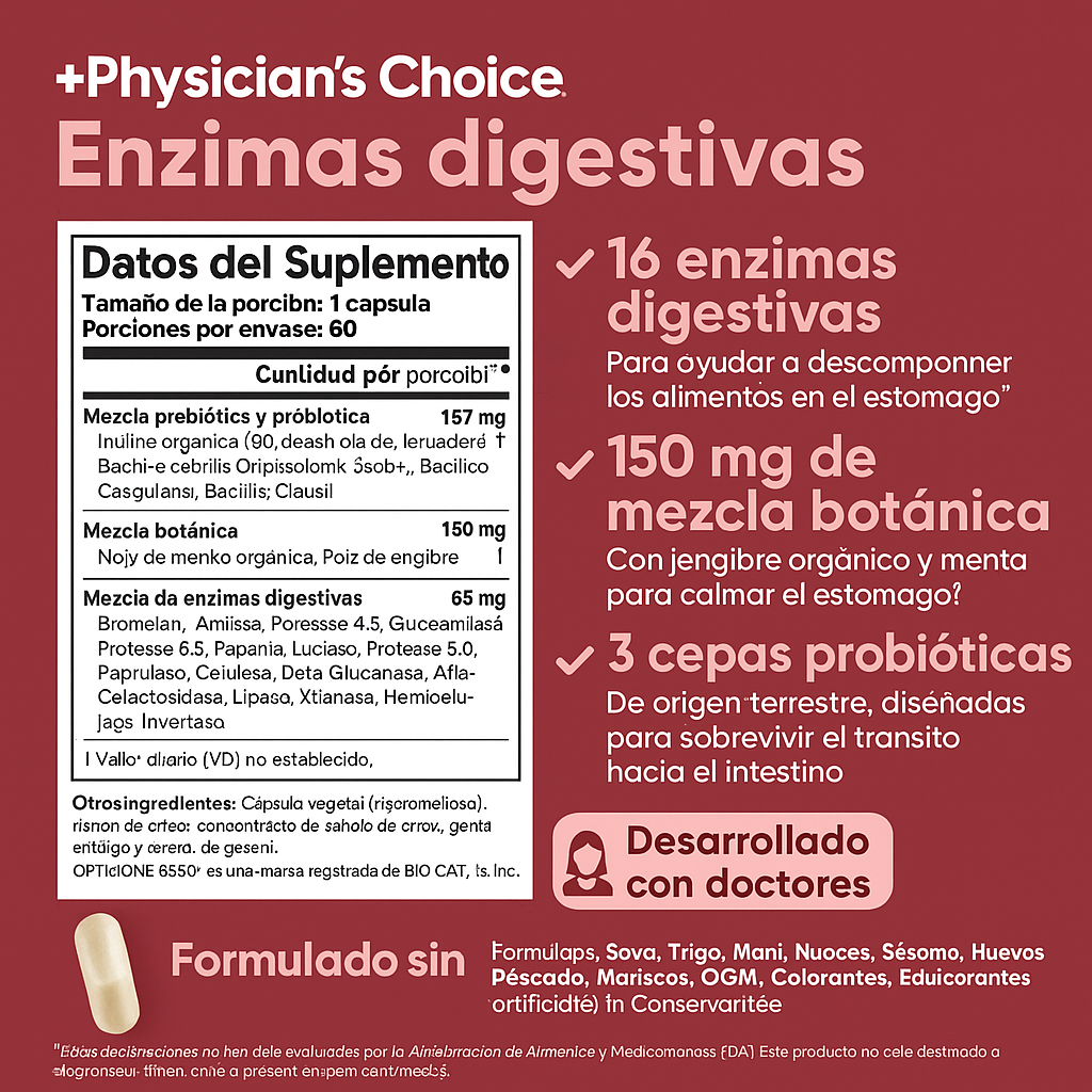 Combo Enzimas + Probióticos Physician's Choice || Salud intestinal avanzada: 60 Billion Probiotics (30 Capsulas) + Digestive Enzymes (60 Capsulas)