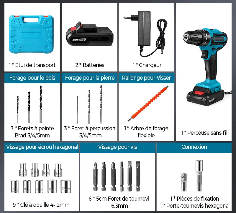 Taladro Inalámbrico 3 en 1 | | Taladro + Destornillador + Percutor + 24 accesorios