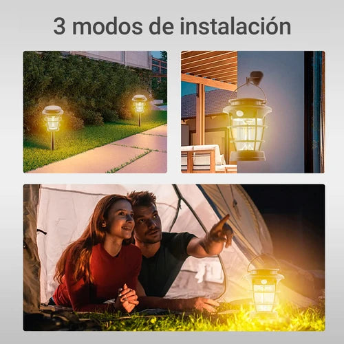 Lámpara solar portátil para acampar: Lámpara LED de 129 lúmenes con doble potencia y control inteligente de brillo.
