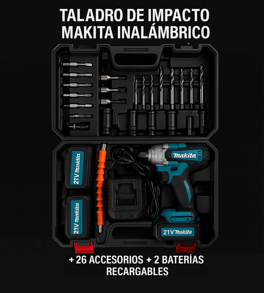 Kit Makita: Taladro de Impacto + 26 accesorios + 2 baterías.