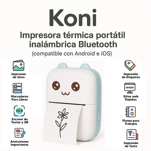 Koni™ Impresora térmica portátil inalámbrica  Bluetooth | compatible con Android e iOS