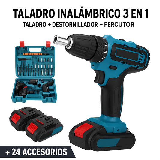 Taladro Inalámbrico 3 en 1 | | Taladro + Destornillador + Percutor + 24 accesorios