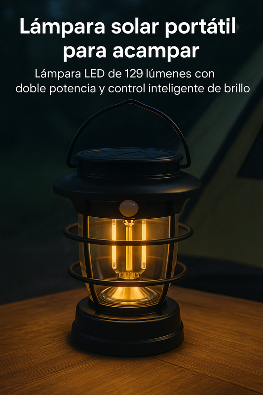 Lámpara solar portátil para acampar: Lámpara LED de 129 lúmenes con doble potencia y control inteligente de brillo.