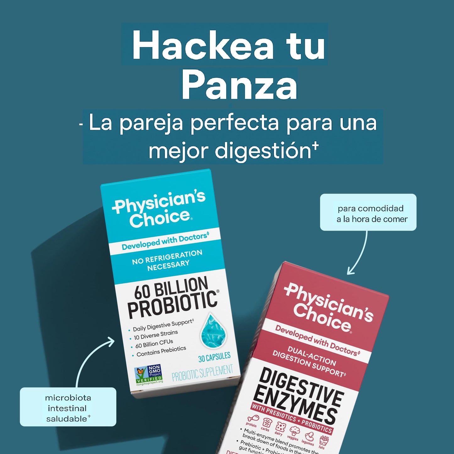 Combo Enzimas + Probióticos Physician's Choice ||  Salud intestinal avanzada: 60 Billion Probiotics (30 Capsulas) + Digestive Enzymes (60 Capsulas)