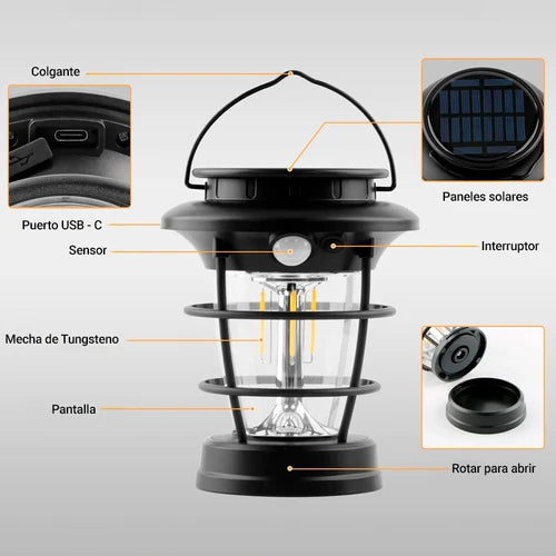 Lámpara solar portátil para acampar: Lámpara LED de 129 lúmenes con doble potencia y control inteligente de brillo.